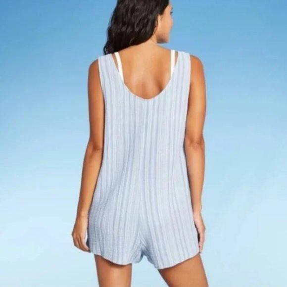 Xhilaration| Boho Blue & White Stripe Button Up Romper Swim Beach Coverup NWT| L - Picture 2 of 10